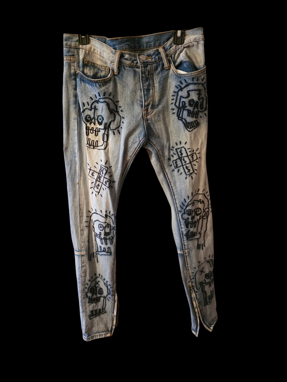 Light Blue Men's Denim Jeans with Graphic Skull Print